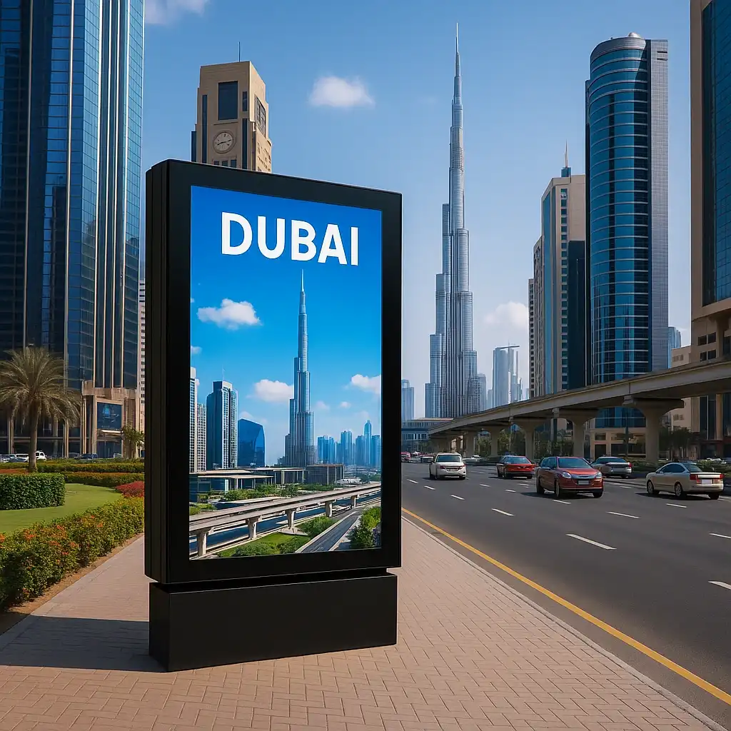 A digital signage placed in a busy road in Dubai